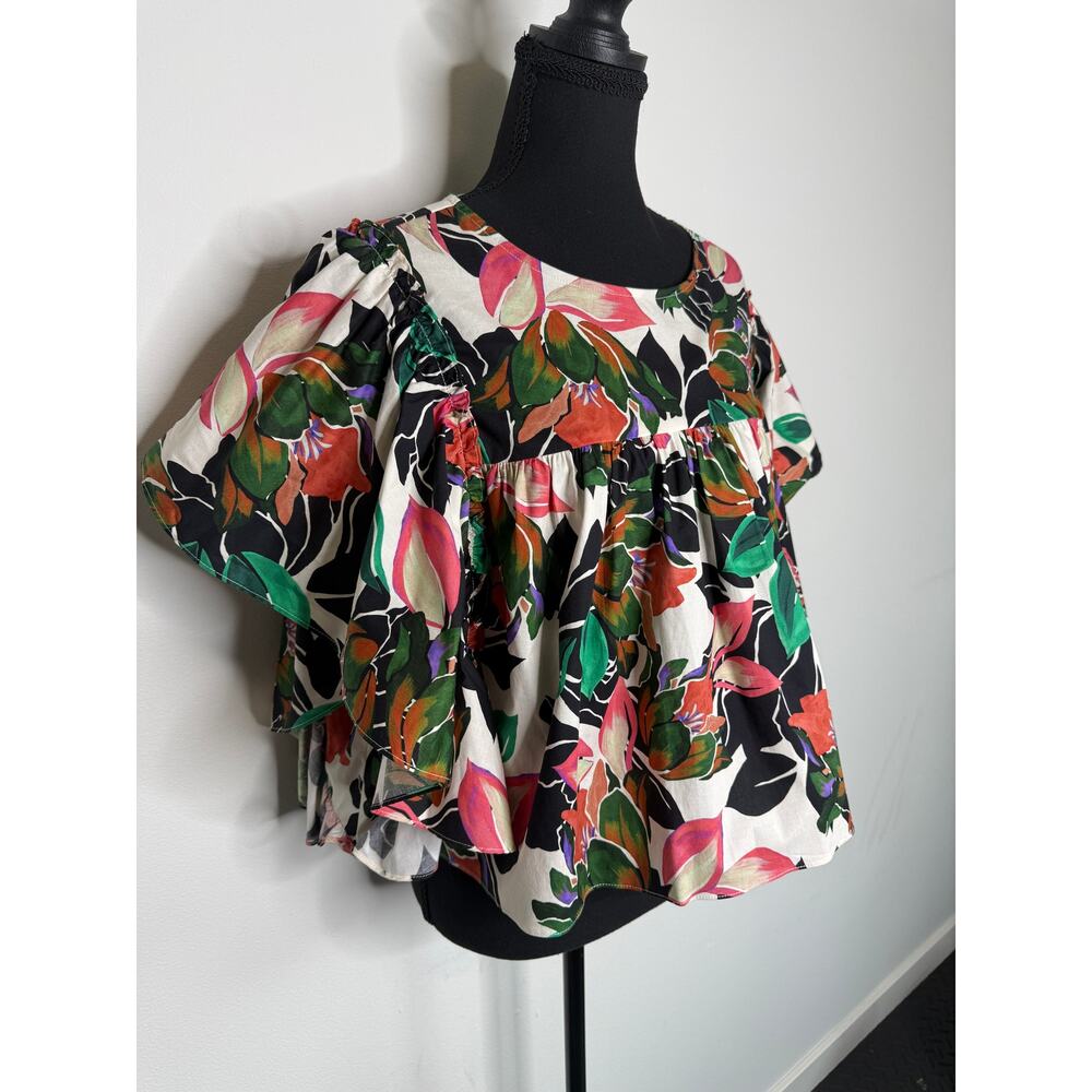 NWT MISA Los Angeles Floral Ruffle Sleeve Top Size L Cotton Vacation Blouse - Picture 5 of 10